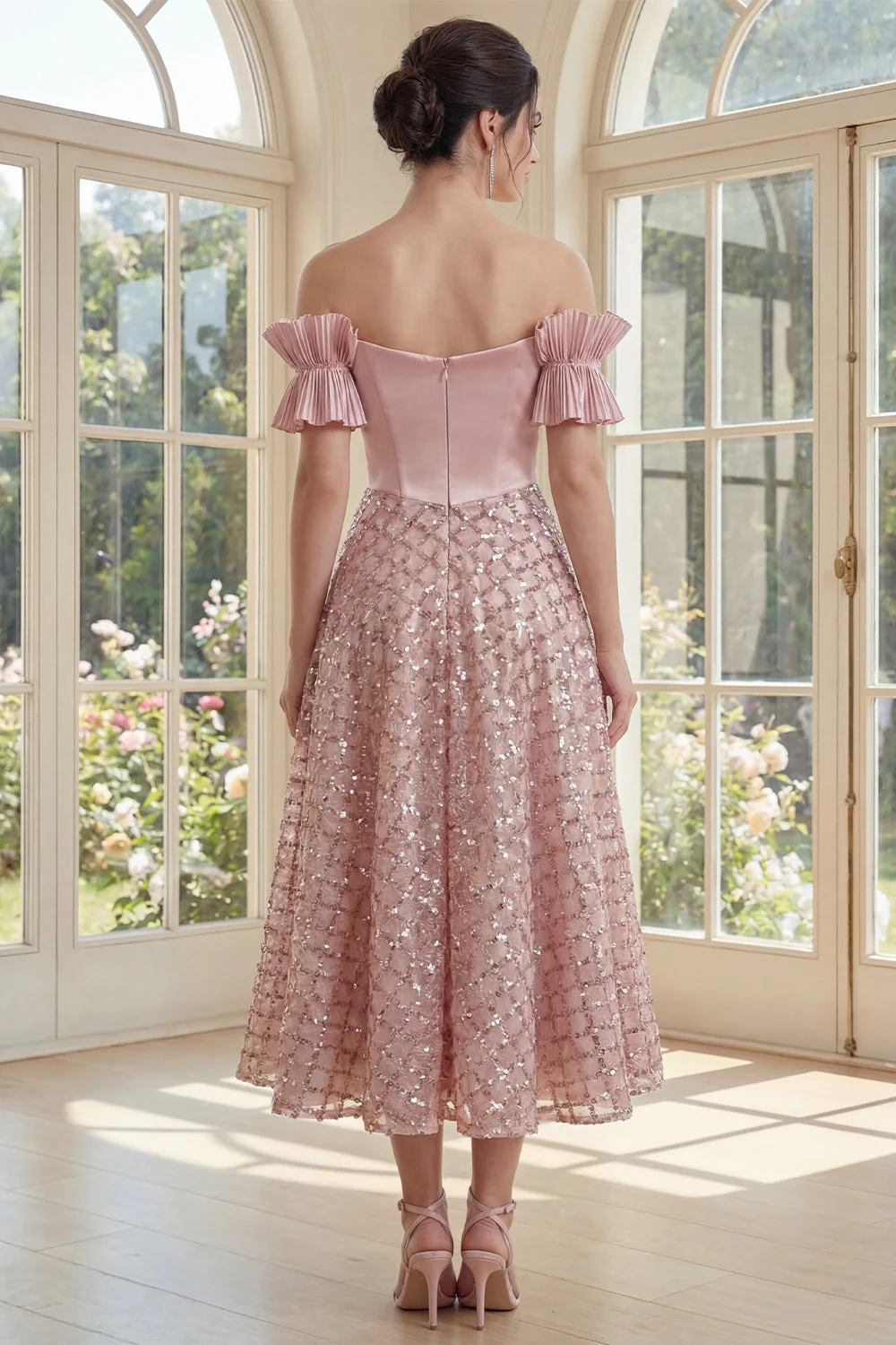 Off the Shoulder Blush Corset A Line Sequin Midi Dress with Bow - Image 2
