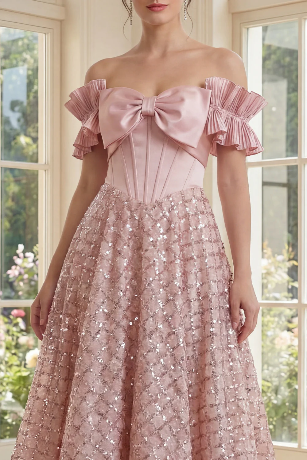 Off the Shoulder Blush Corset A Line Sequin Midi Dress with Bow - Image 3