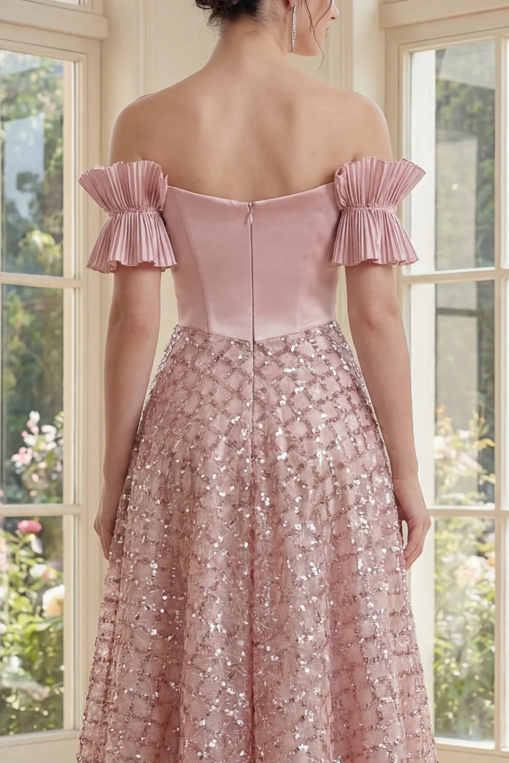 Off the Shoulder Blush Corset A Line Sequin Midi Dress with Bow - Image 4