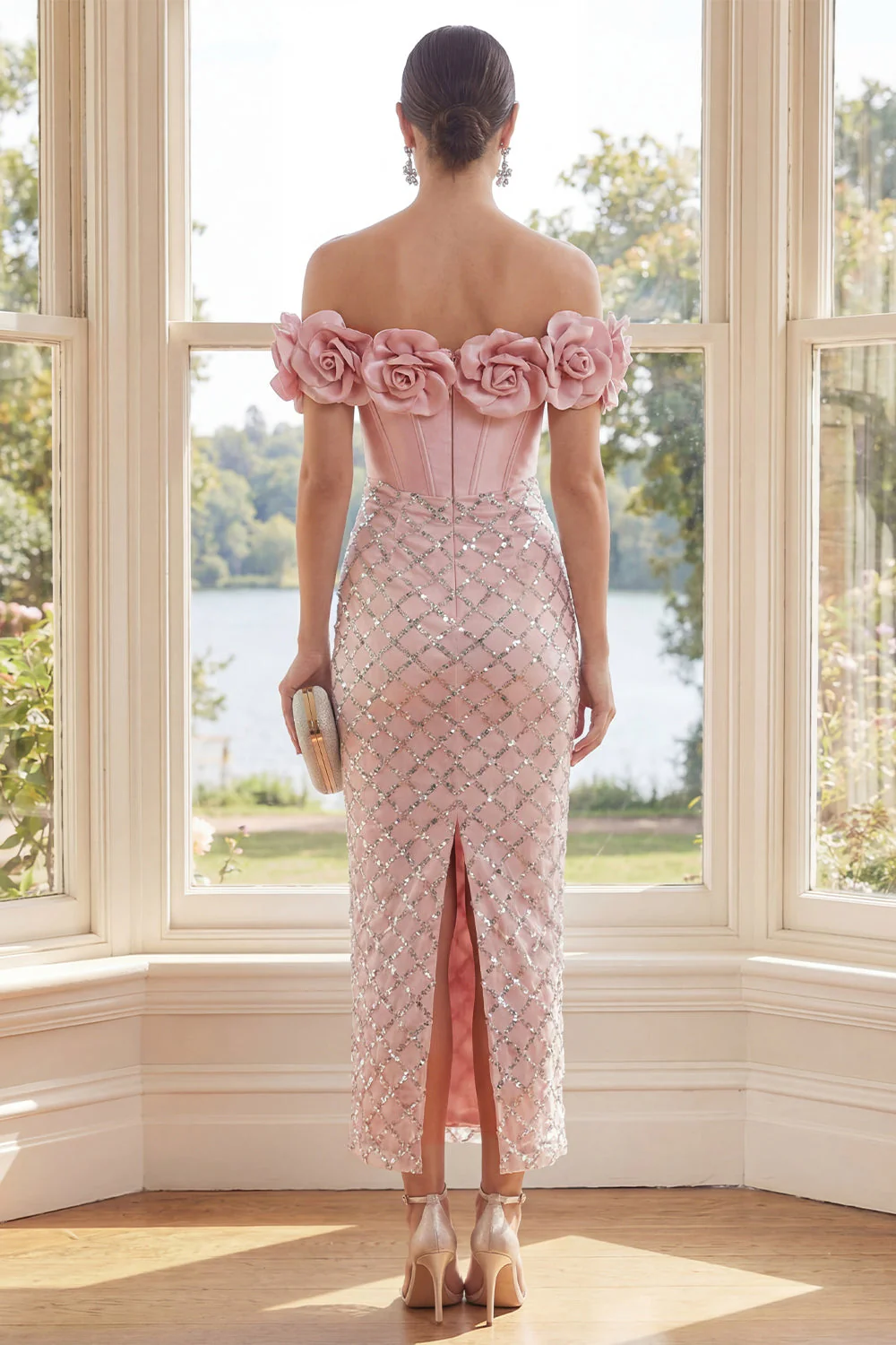 Off the Shoulder Blush Corset Sheath Maxi Sequin Dress with 3D Flowers - Image 2