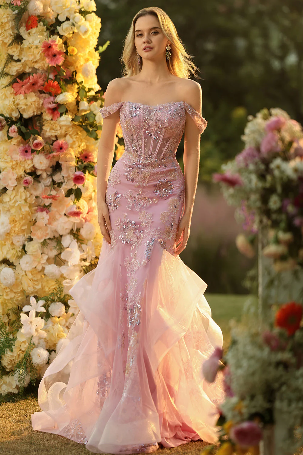 Off the Shoulder Blush Mermaid Beaded Appliqued Corset Long Prom Dress with Ruffles - Image 5
