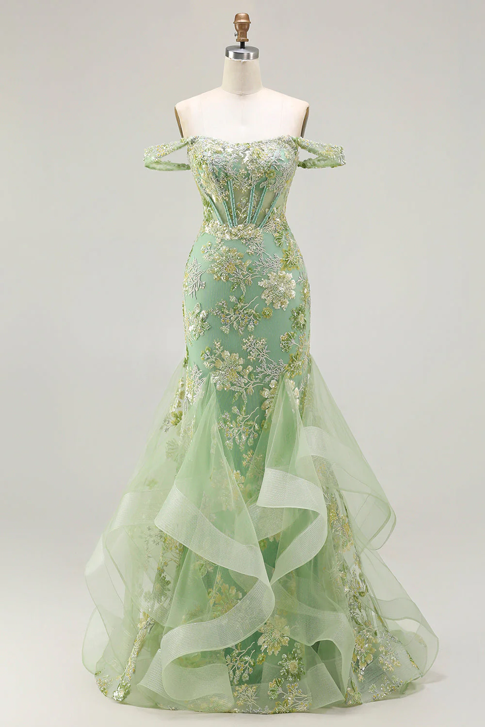 Off the Shoulder Blush Mermaid Beaded Appliqued Corset Long Prom Dress with Ruffles - Image 7