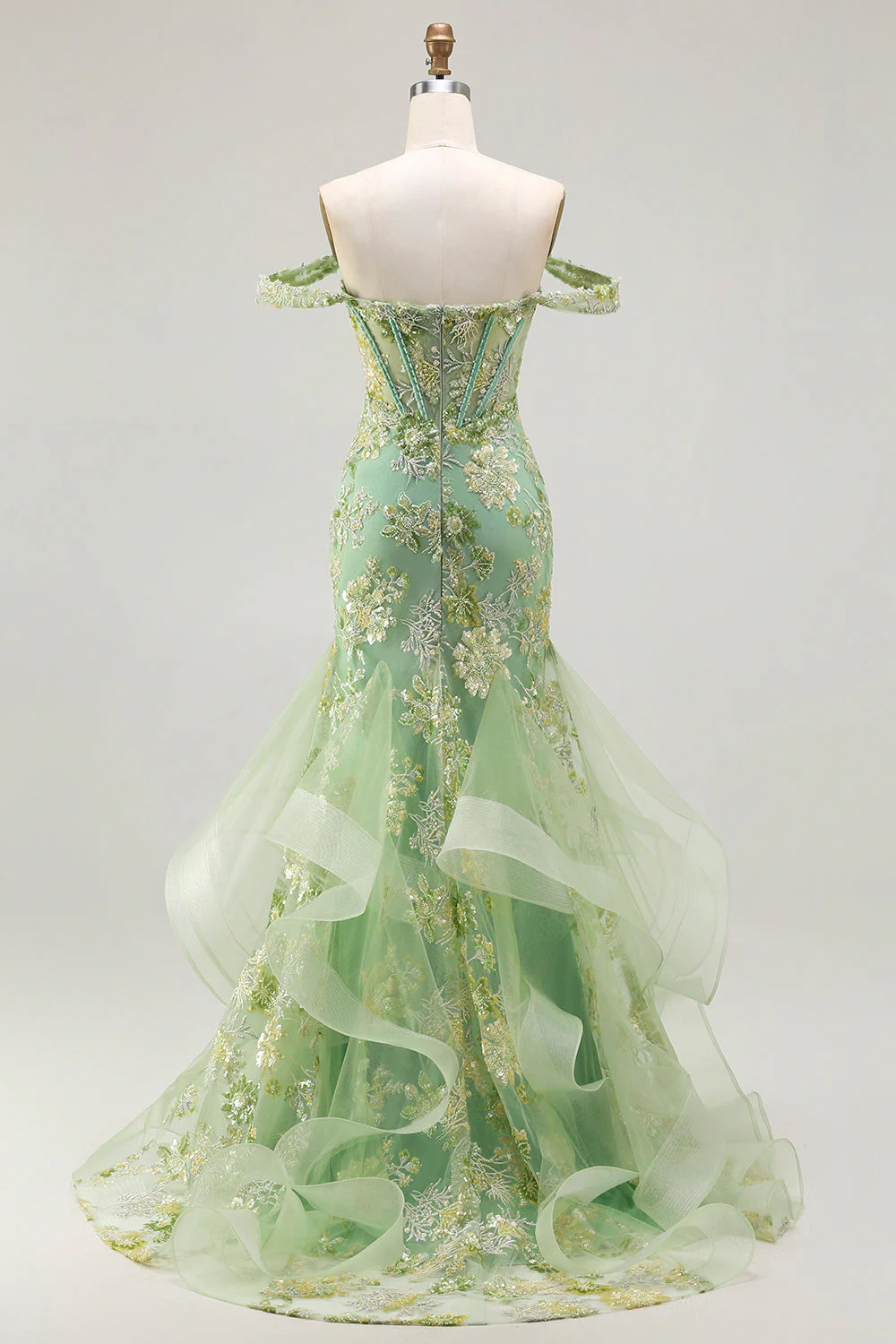 Off the Shoulder Blush Mermaid Beaded Appliqued Corset Long Prom Dress with Ruffles - Image 8