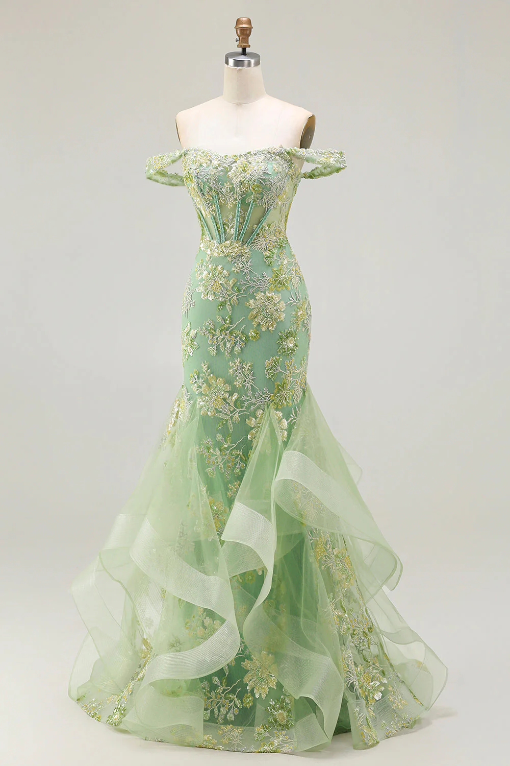 Off the Shoulder Blush Mermaid Beaded Appliqued Corset Long Prom Dress with Ruffles - Image 9