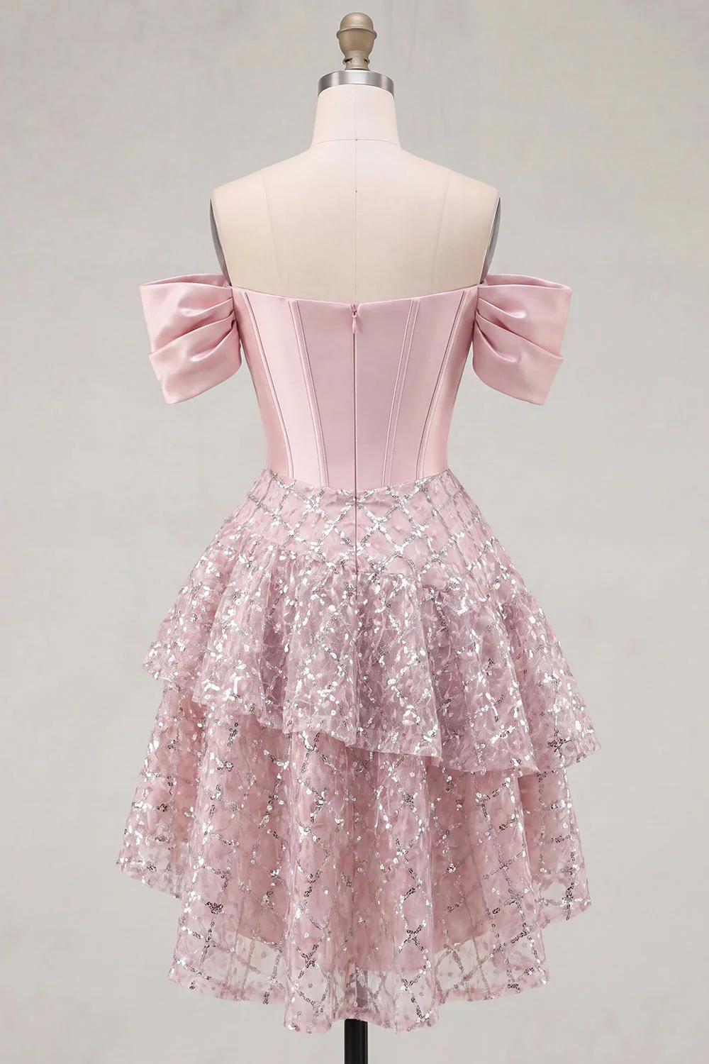 Cute Blush Off the Shoulder Ruffled A-Line Corset Sequin Party Dress with Bow - Image 2