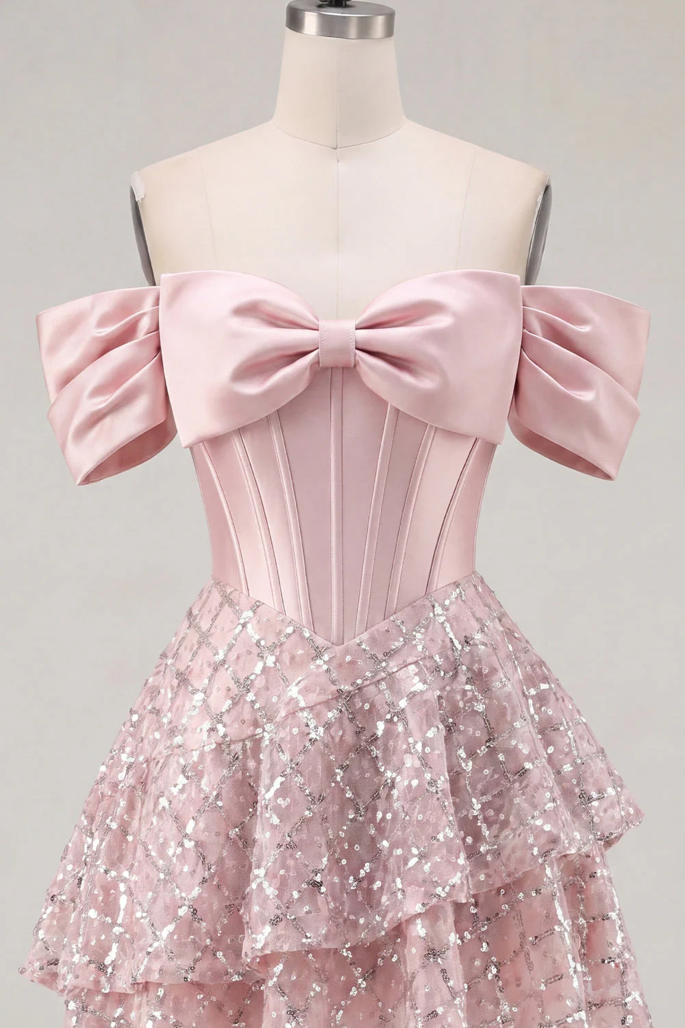 Cute Blush Off the Shoulder Ruffled A-Line Corset Sequin Party Dress with Bow - Image 5