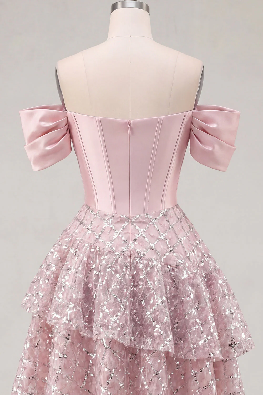 Cute Blush Off the Shoulder Ruffled A-Line Corset Sequin Party Dress with Bow - Image 6
