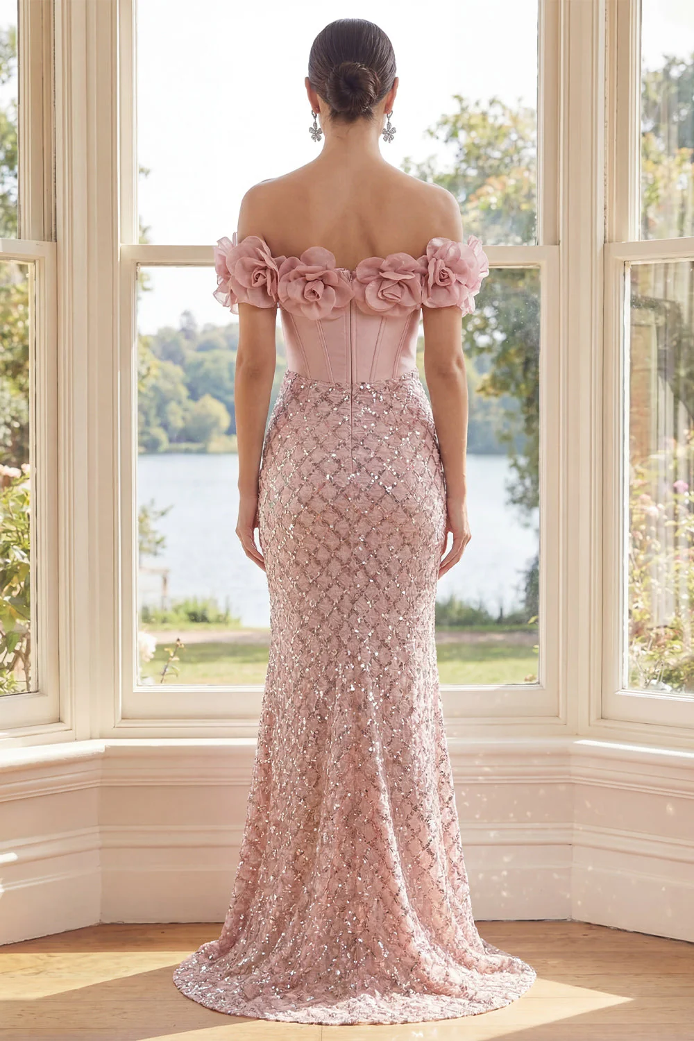 Off the Shoulder Blush Mermaid Sequin Corset Evening Dress with 3D Flowers - Image 2