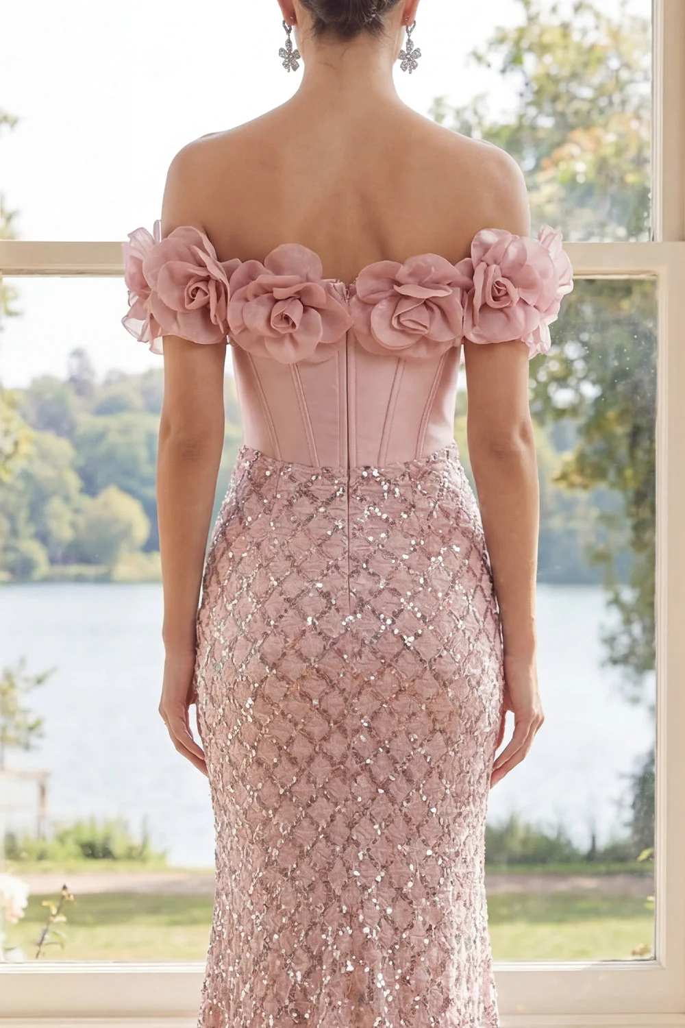 Off the Shoulder Blush Mermaid Sequin Corset Evening Dress with 3D Flowers - Image 4
