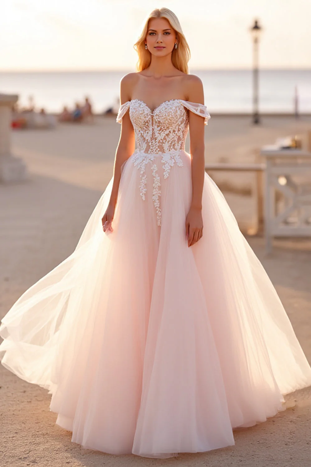 Off The Shoulder Blush Tulle A Line Wedding Dress with Appliques - Image 2