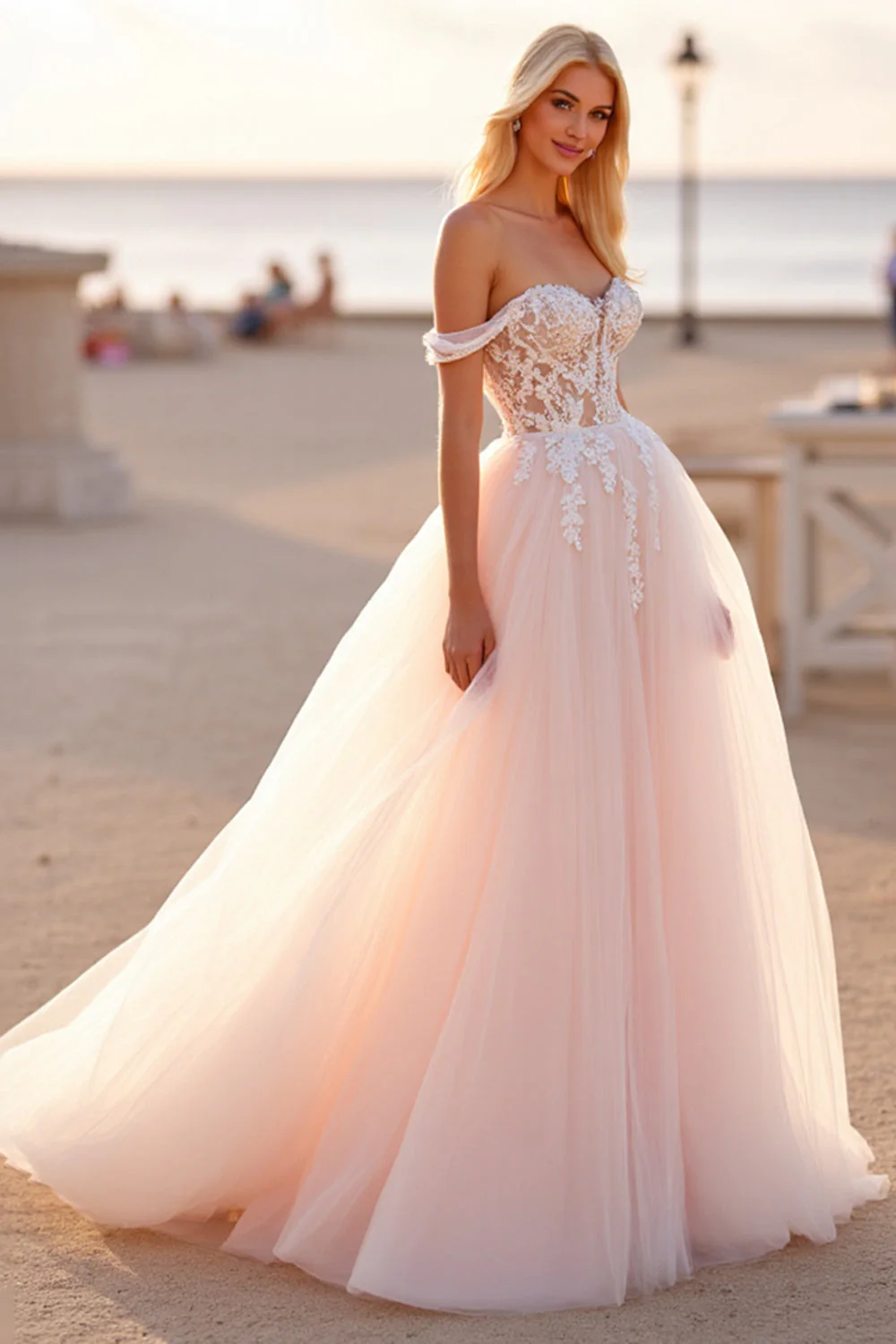 Off The Shoulder Blush Tulle A Line Wedding Dress with Appliques - Image 3