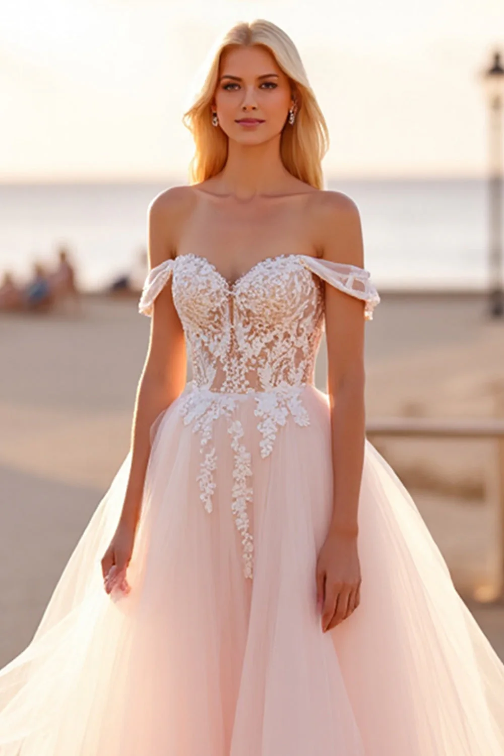 Off The Shoulder Blush Tulle A Line Wedding Dress with Appliques - Image 4