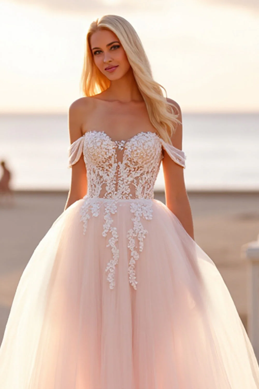 Off The Shoulder Blush Tulle A Line Wedding Dress with Appliques - Image 5
