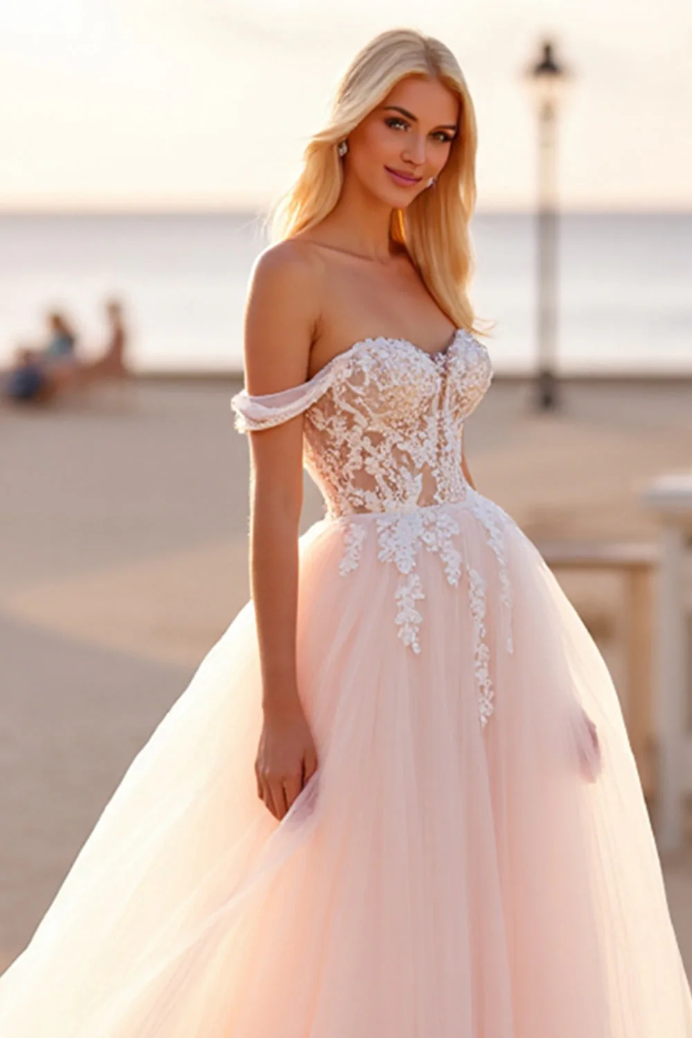 Off The Shoulder Blush Tulle A Line Wedding Dress with Appliques - Image 6