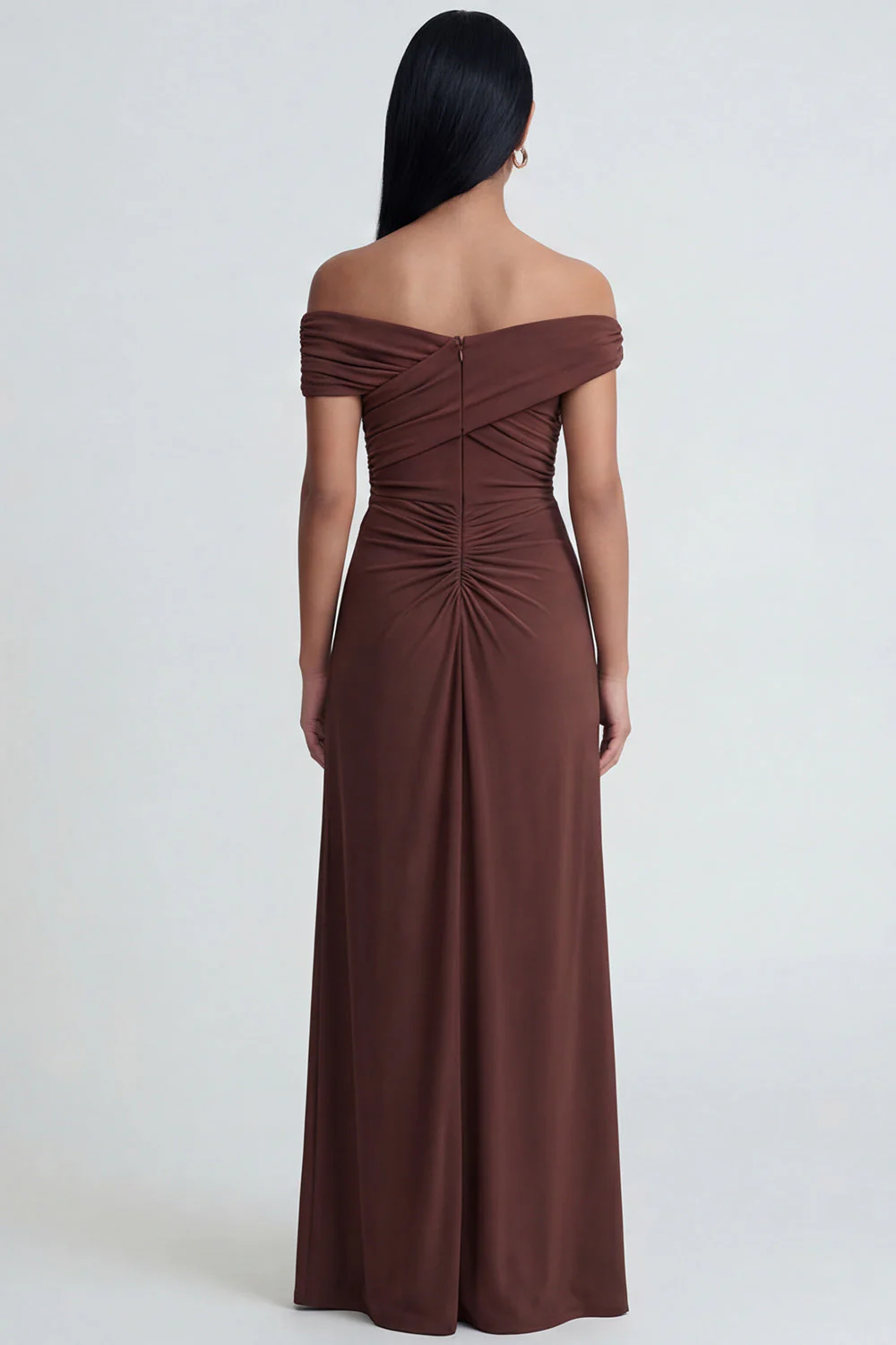 Off The Shoulder Brown Ruched Sheath Long Evening Dress - Image 2