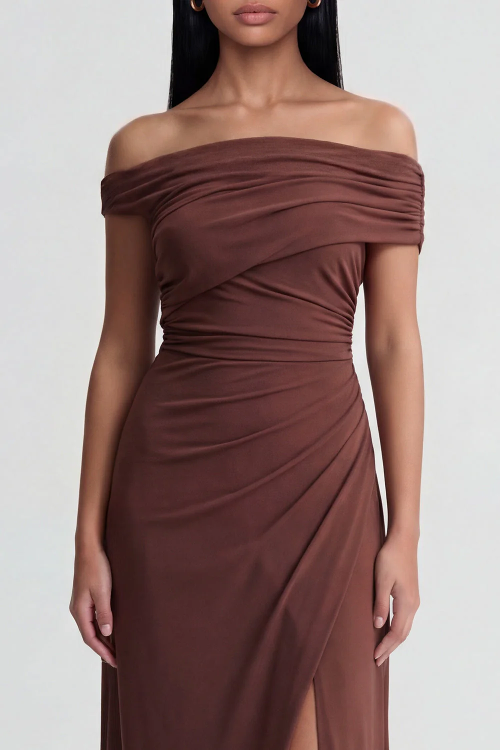 Off The Shoulder Brown Ruched Sheath Long Evening Dress - Image 3