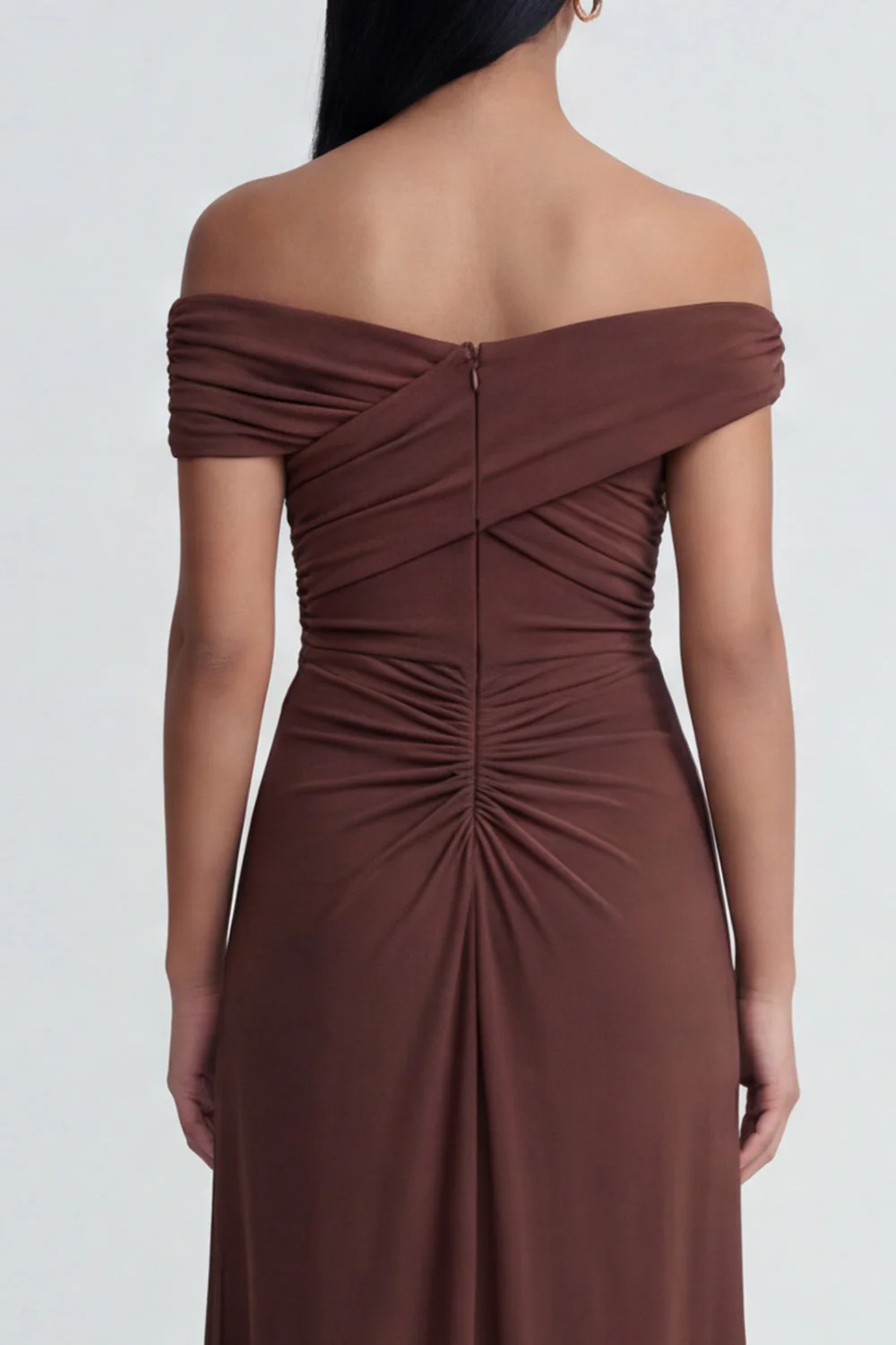 Off The Shoulder Brown Ruched Sheath Long Evening Dress - Image 4