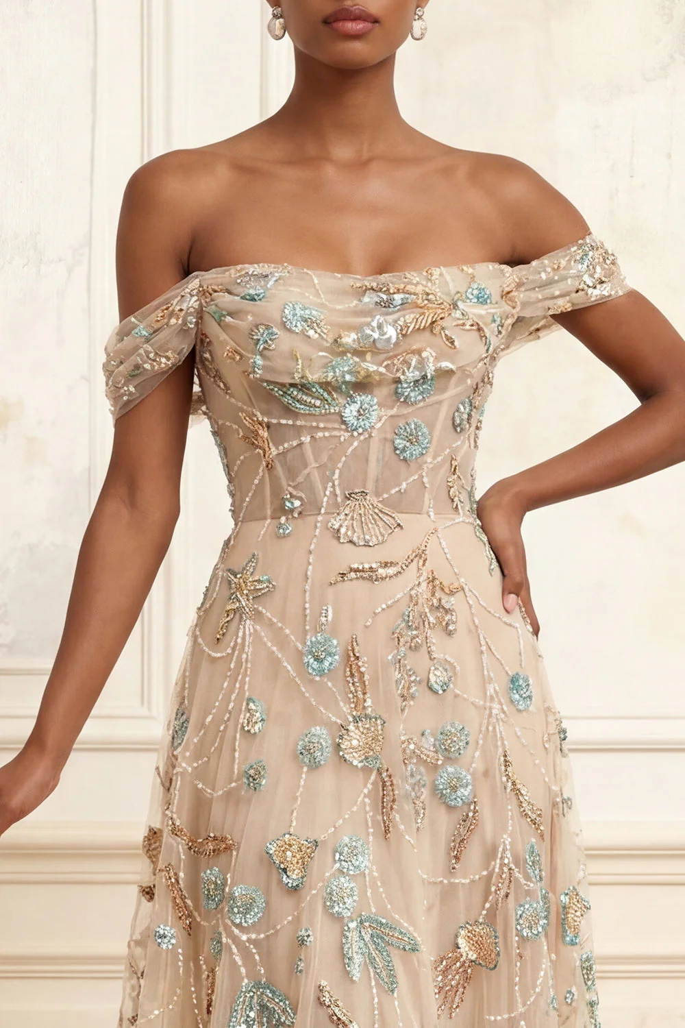 Off the Shoulder Champagne A-Line Corset Floral Long Prom Dress - Image 3