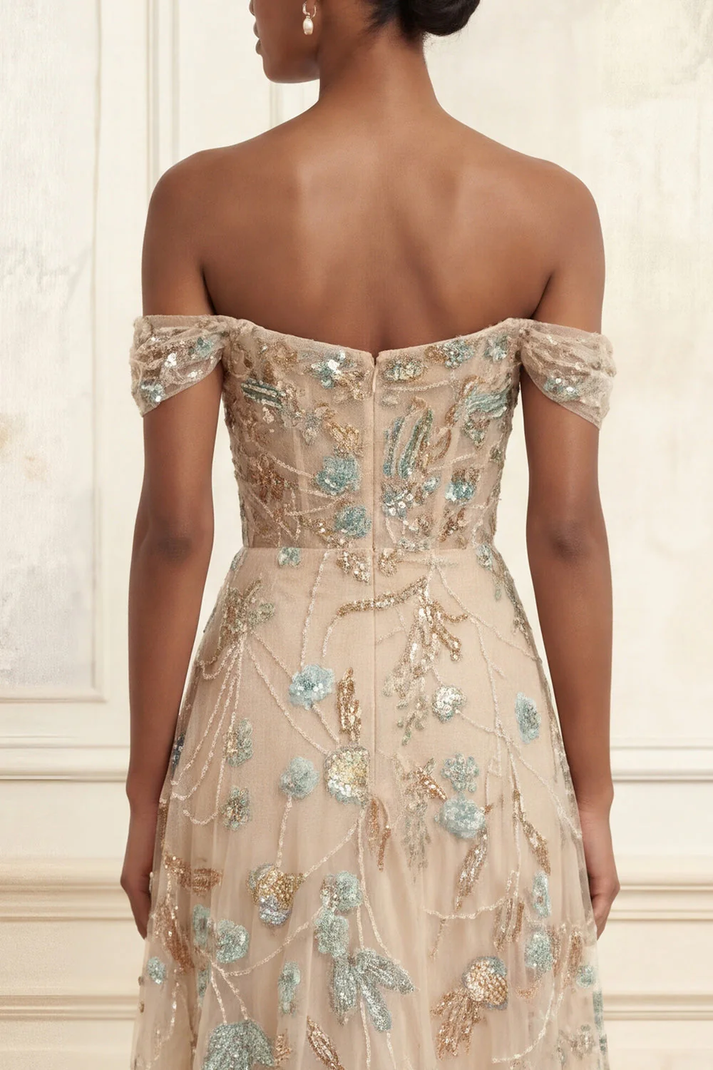 Off the Shoulder Champagne A-Line Corset Floral Long Prom Dress - Image 4