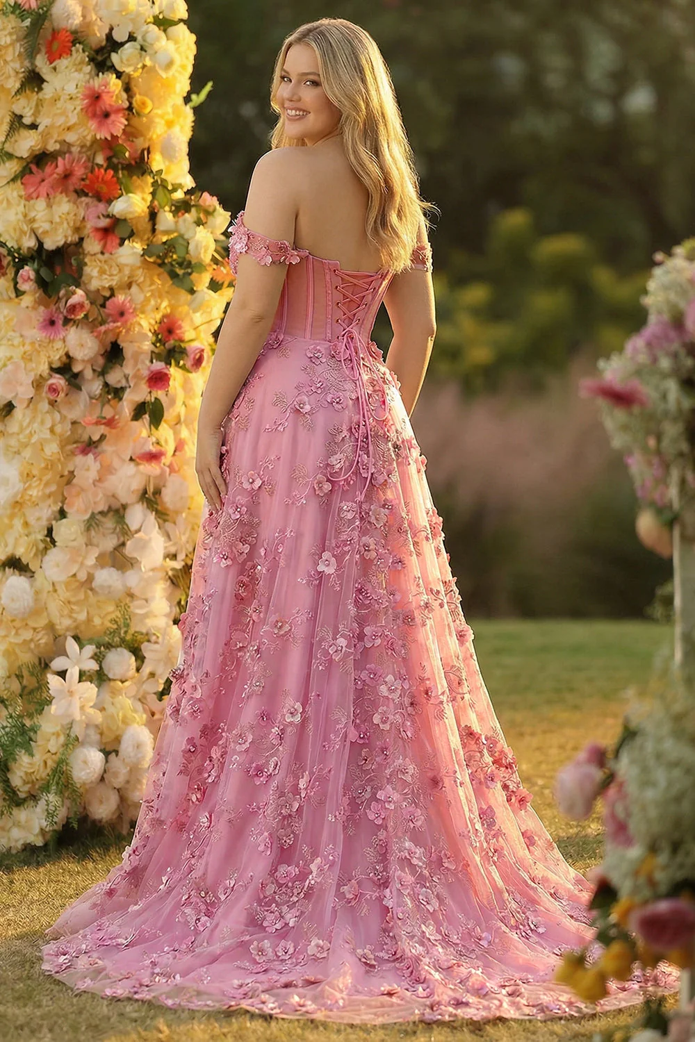 Off The Shoulder Corset A-Line Plus Size Long Taro Prom Dress with Slit - Image 2