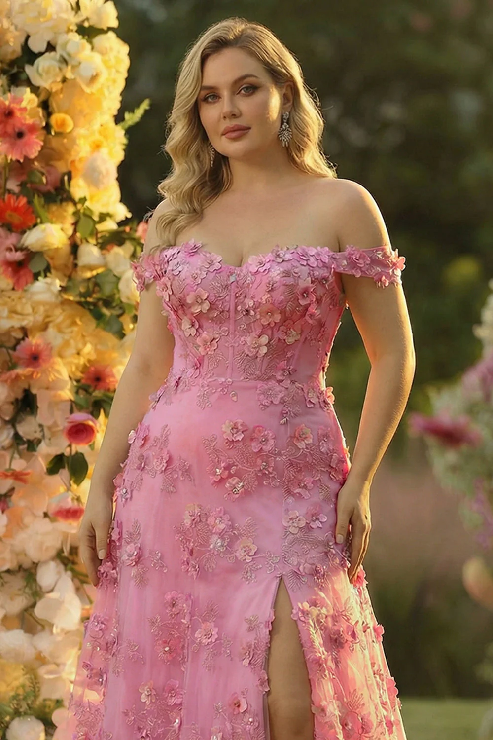 Off The Shoulder Corset A-Line Plus Size Long Taro Prom Dress with Slit - Image 3
