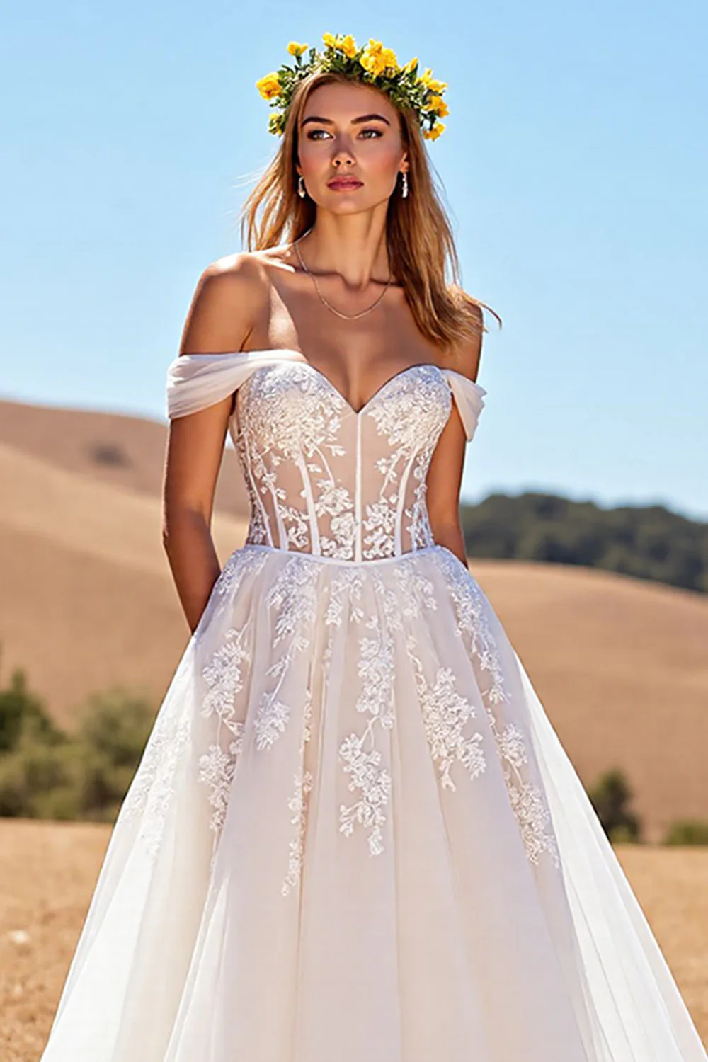 Off The Shoulder Corset Ivory A Line Tulle Wedding Dress - Image 3