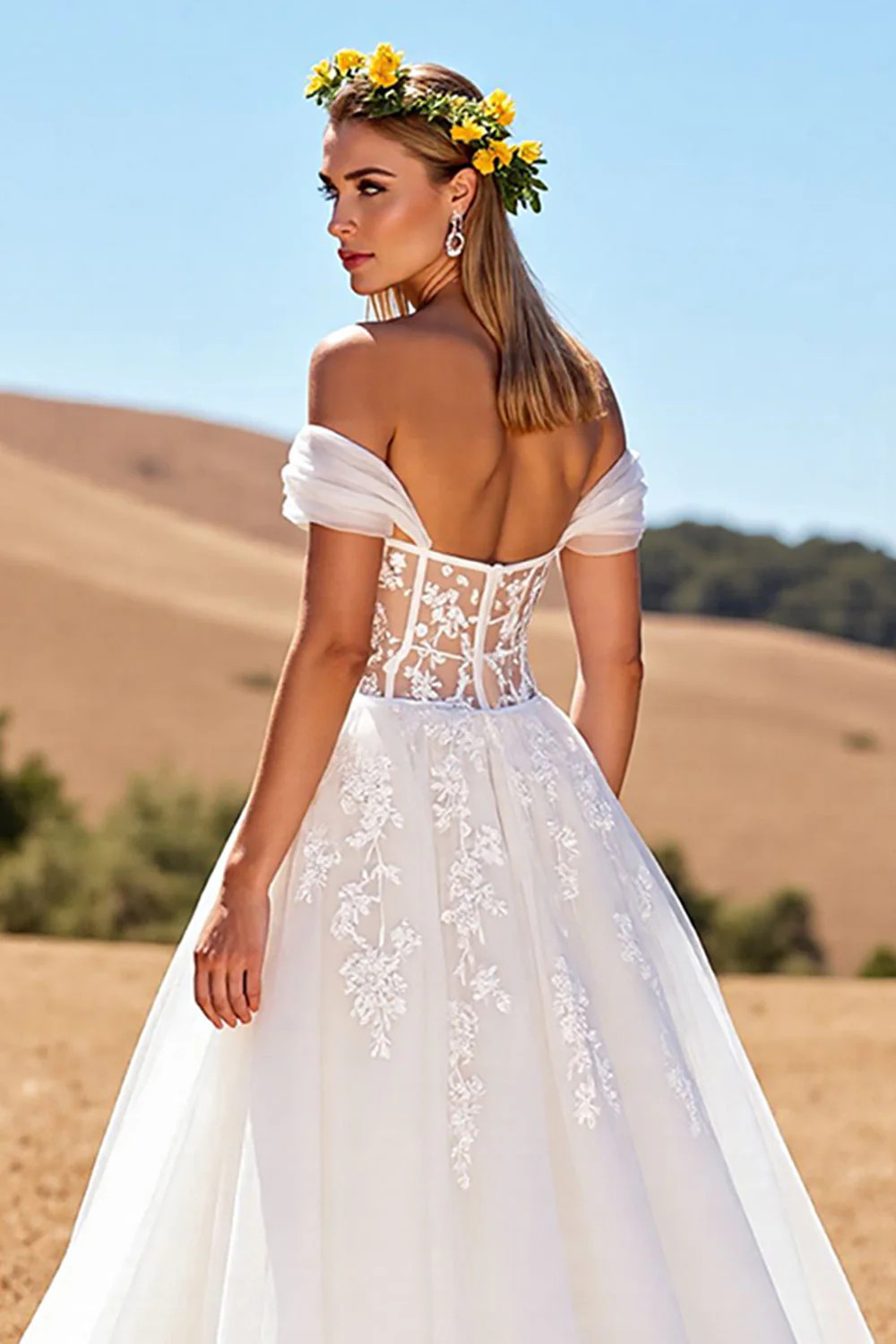 Off The Shoulder Corset Ivory A Line Tulle Wedding Dress - Image 4