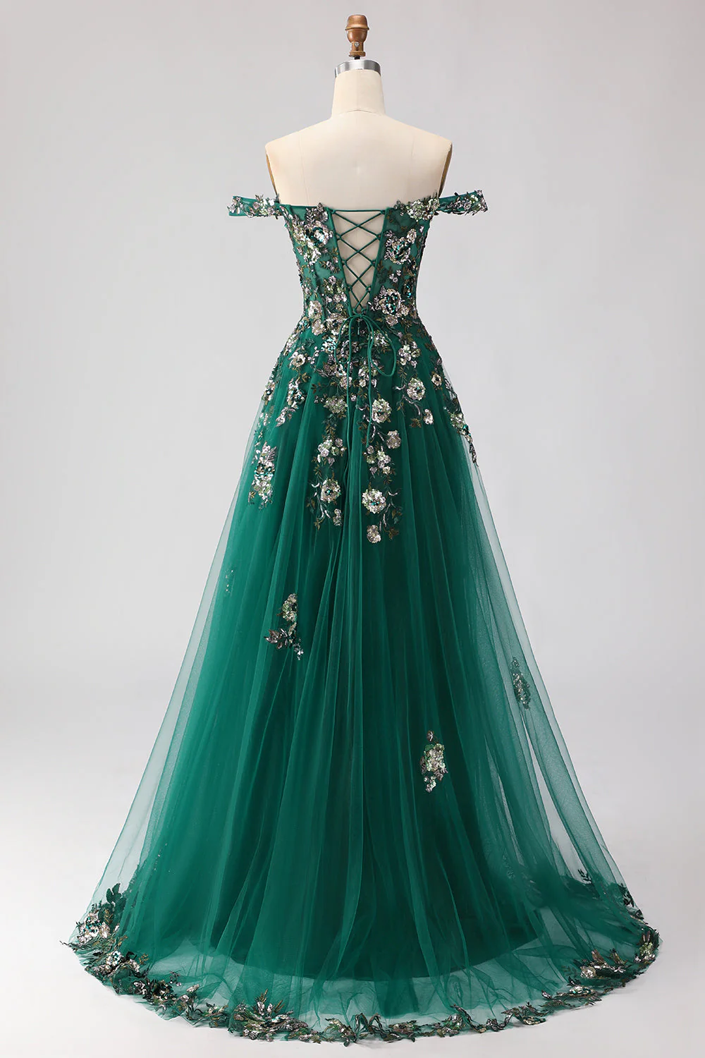 Off The Shoulder Dark Green A Line Corset Long Long Prom Dress with Sequins - Image 3