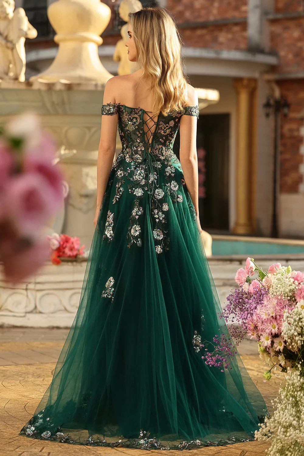 Off The Shoulder Dark Green A Line Corset Long Long Prom Dress with Sequins - Image 4