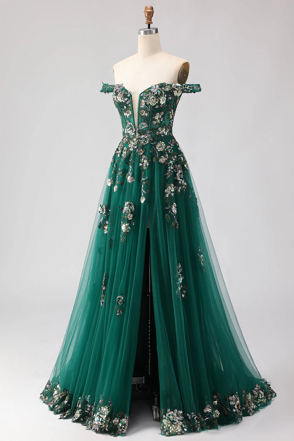 Off The Shoulder Dark Green A Line Corset Long Long Prom Dress with Sequins - Image 5