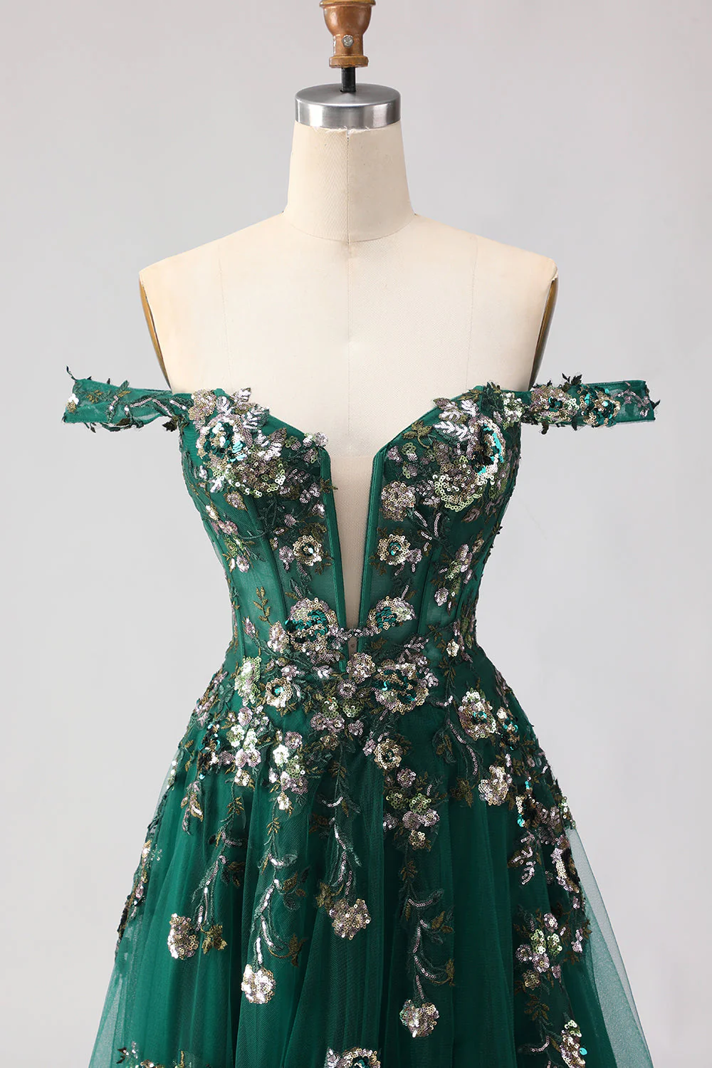 Off The Shoulder Dark Green A Line Corset Long Long Prom Dress with Sequins - Image 6
