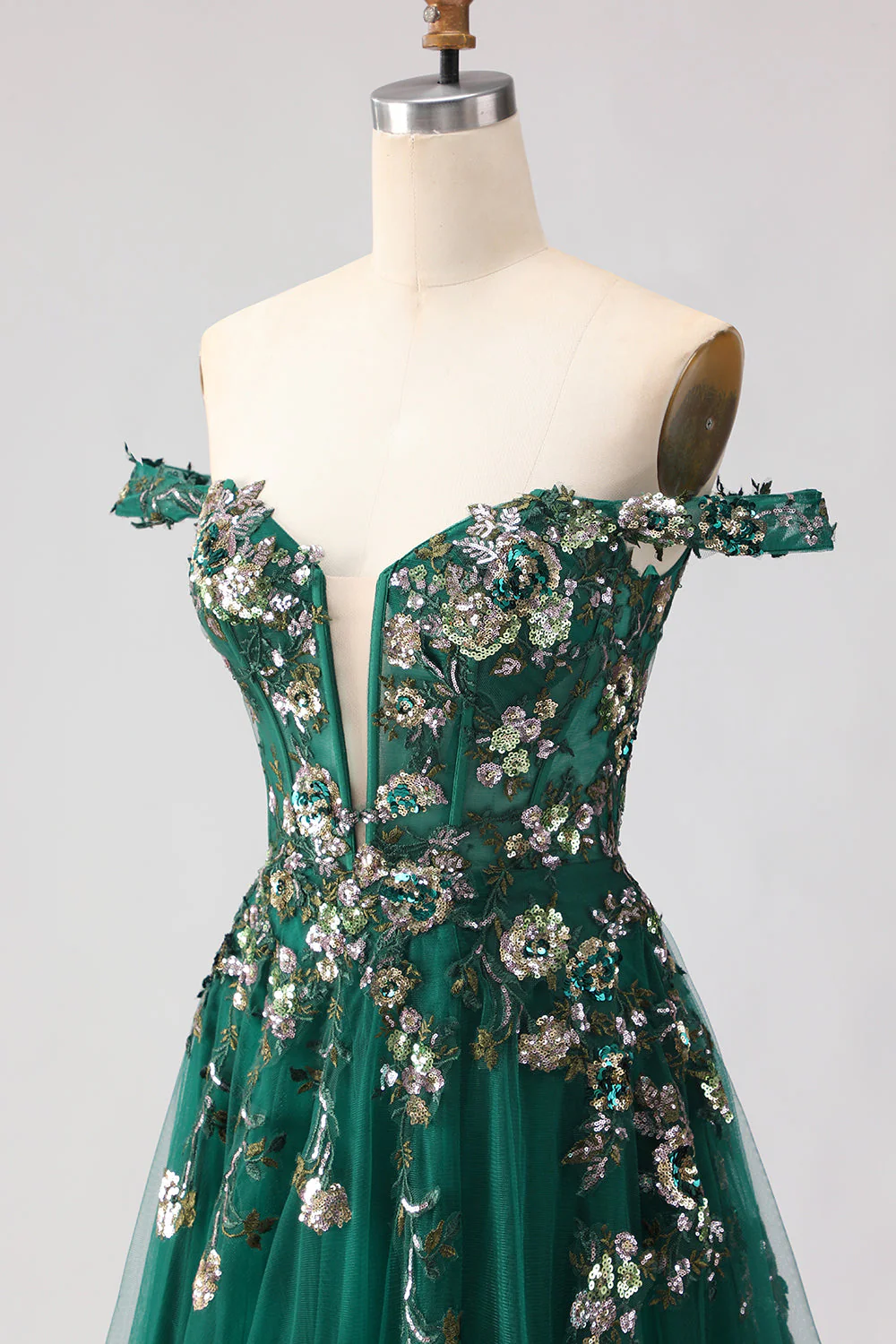 Off The Shoulder Dark Green A Line Corset Long Long Prom Dress with Sequins - Image 7