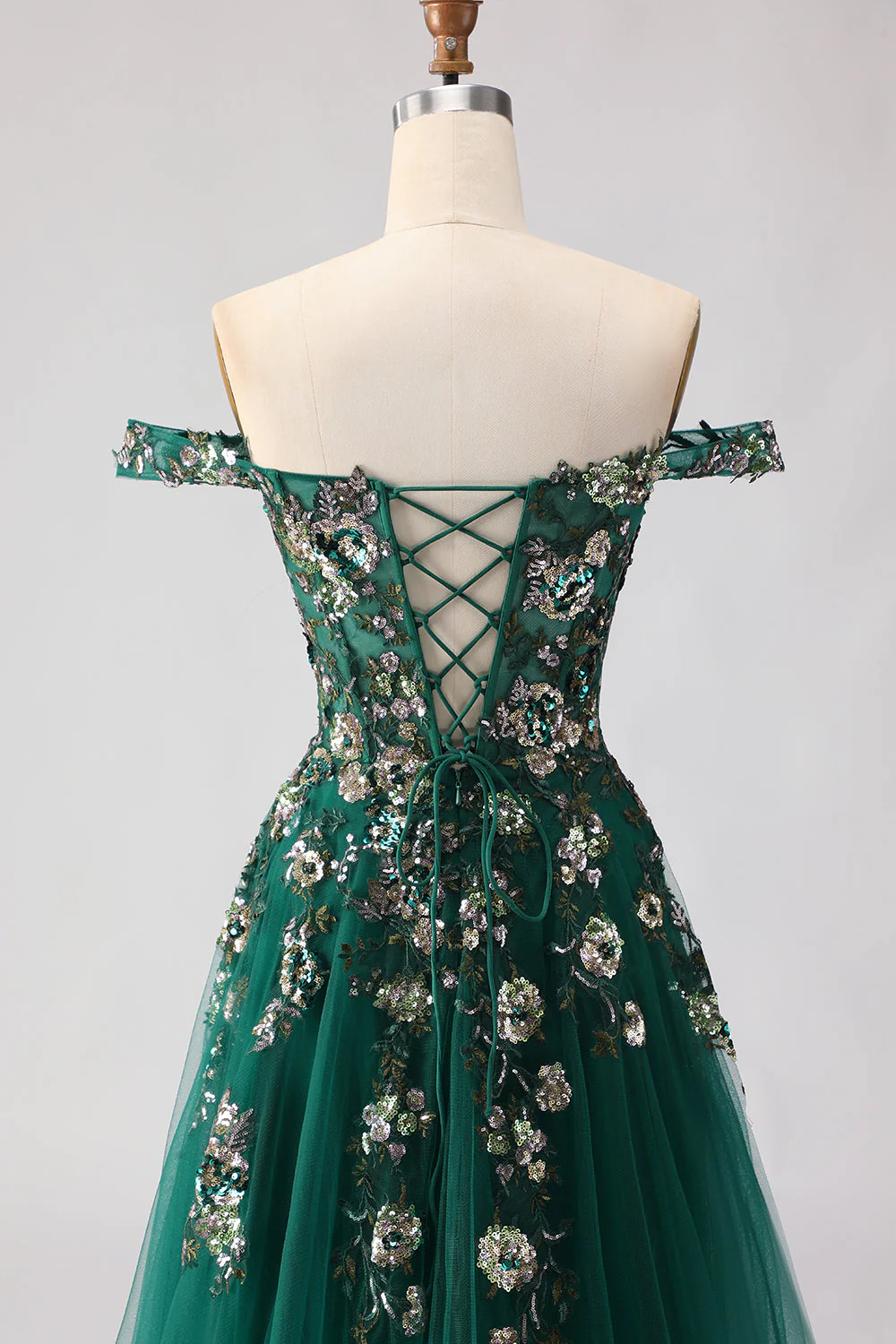 Off The Shoulder Dark Green A Line Corset Long Long Prom Dress with Sequins - Image 8