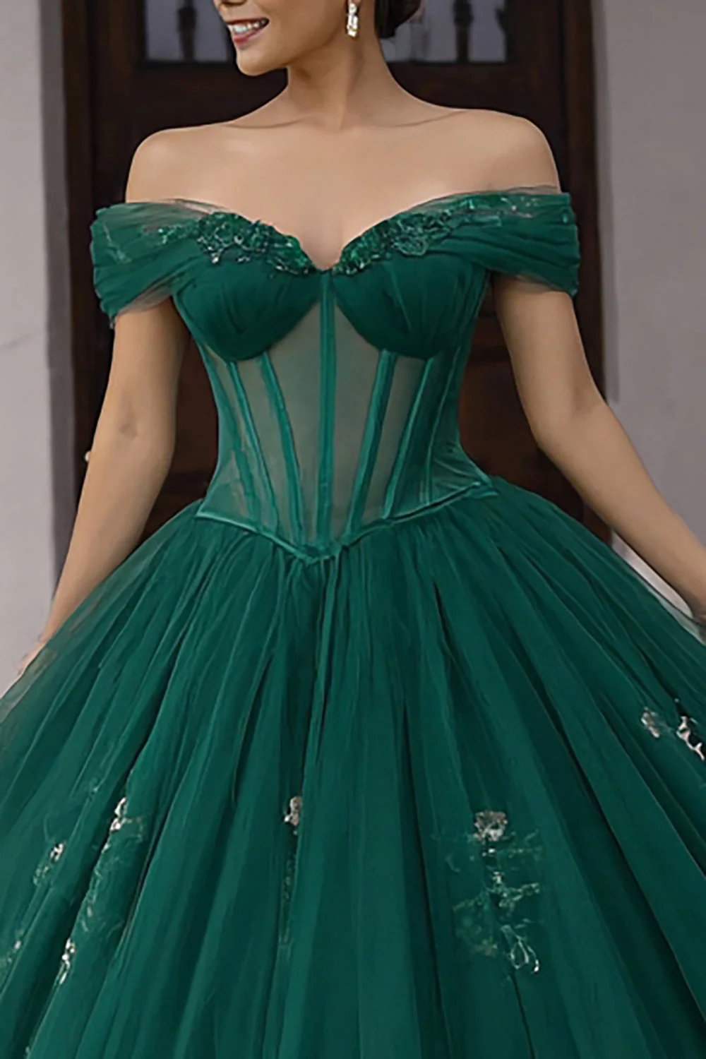 Off The Shoulder Dark Green Ball-Gown Corset Appliqued Quinceanera Dress - Image 2
