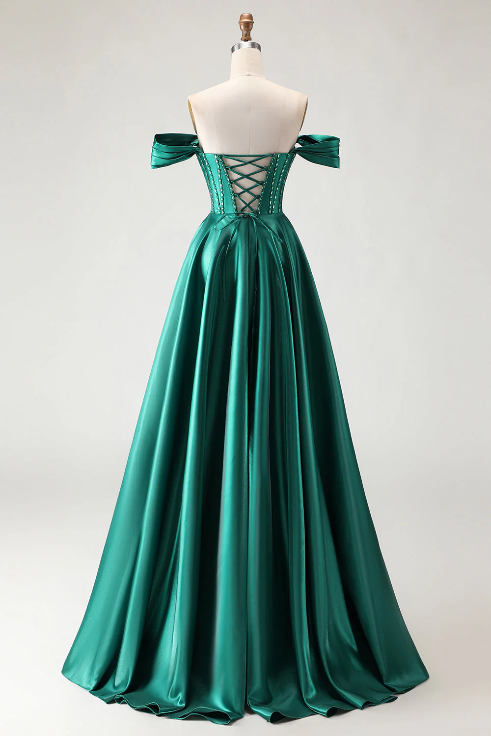 Off The Shoulder Dark Green Beaded A Line Corset Long Prom Dress with Slit - Image 2