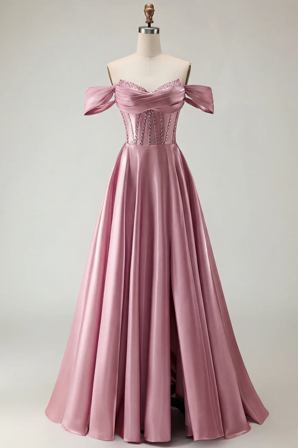 Off The Shoulder Beaded A Line Purple Corset Long Prom Dress with Slit - Image 27