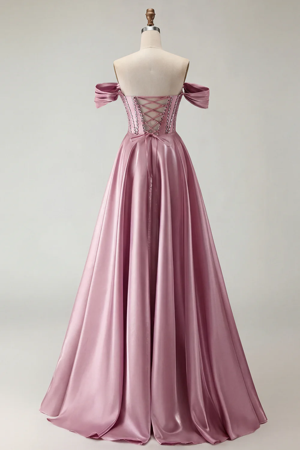 Off The Shoulder Beaded A Line Purple Corset Long Prom Dress with Slit - Image 28