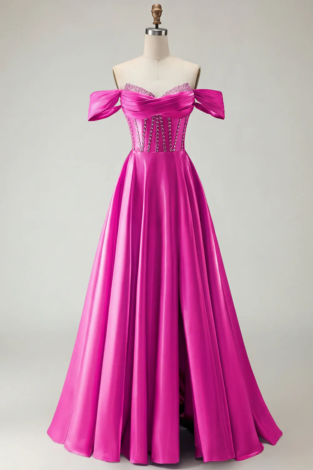 Off The Shoulder Beaded A Line Purple Corset Long Prom Dress with Slit - Image 29