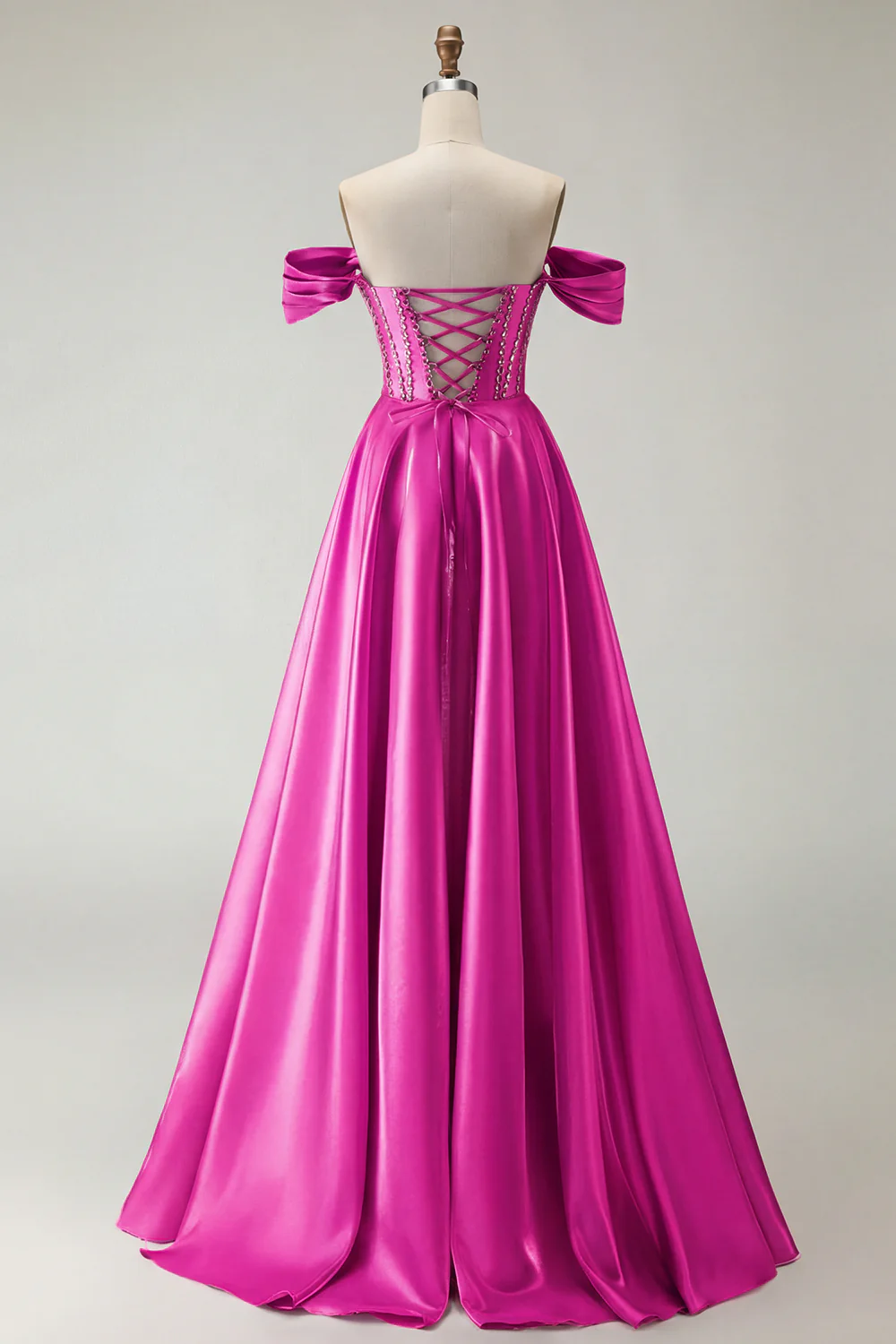 Off The Shoulder Beaded A Line Purple Corset Long Prom Dress with Slit - Image 30