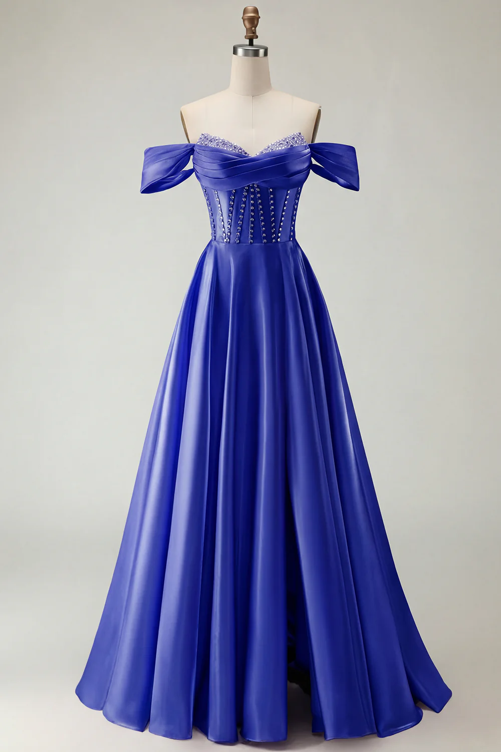 Off The Shoulder Beaded A Line Purple Corset Long Prom Dress with Slit - Image 31