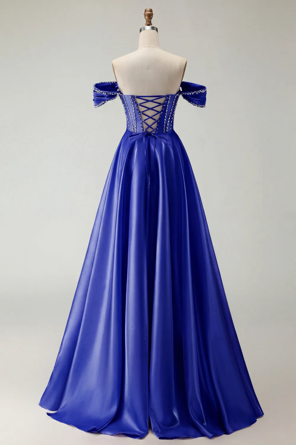 Off The Shoulder Beaded A Line Purple Corset Long Prom Dress with Slit - Image 32