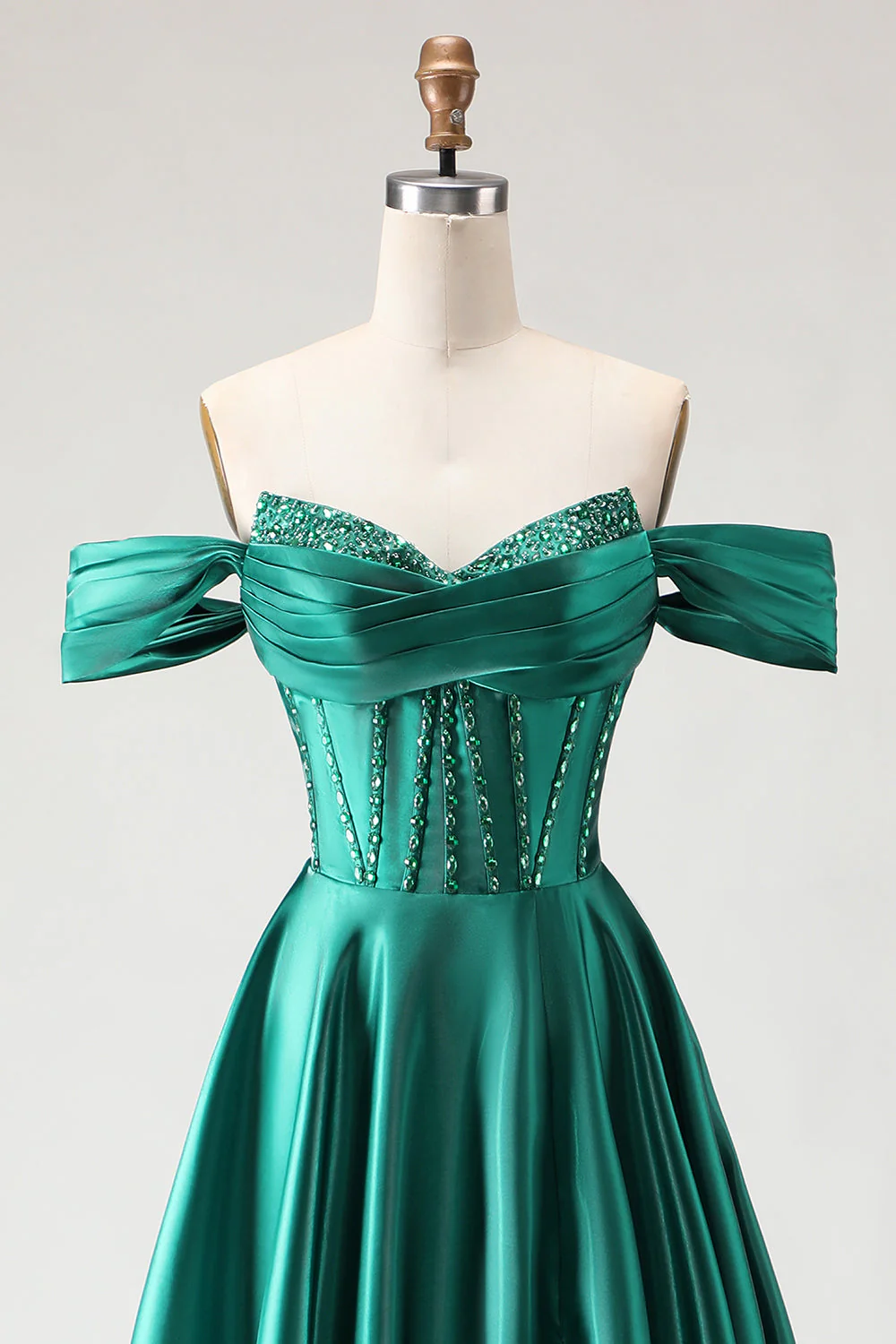 Off The Shoulder Dark Green Beaded A Line Corset Long Prom Dress with Slit - Image 4