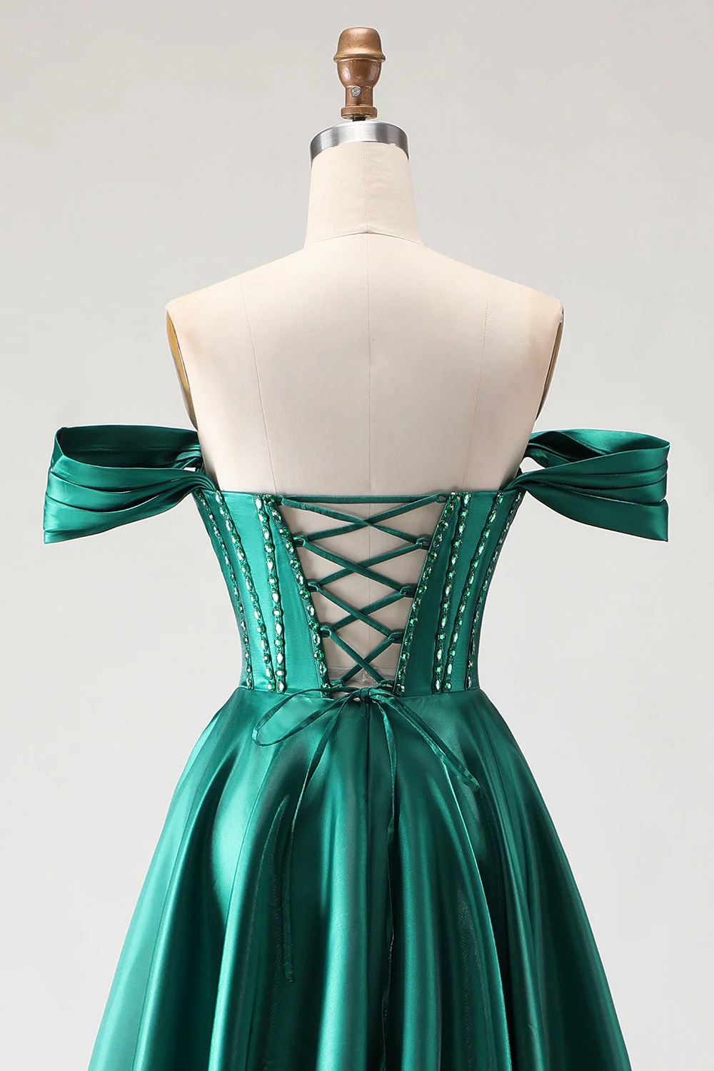 Off The Shoulder Dark Green Beaded A Line Corset Long Prom Dress with Slit - Image 5