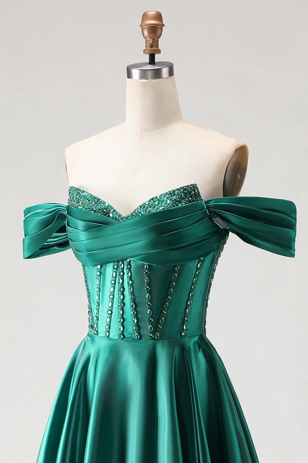 Off The Shoulder Dark Green Beaded A Line Corset Long Prom Dress with Slit - Image 6