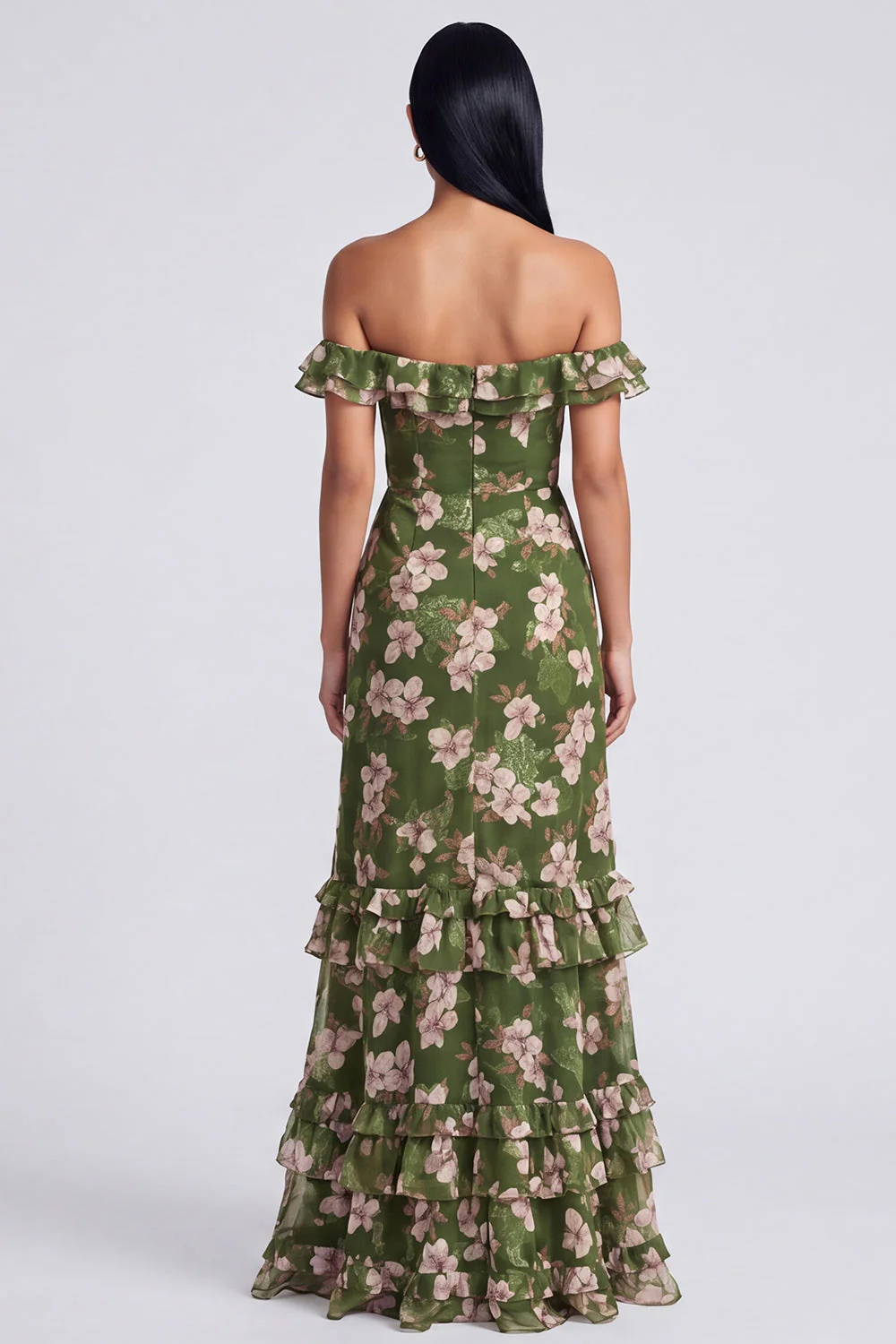 Off the Shoulder Dark Green Ruffled A Line Floral Dress with Slit - Image 2