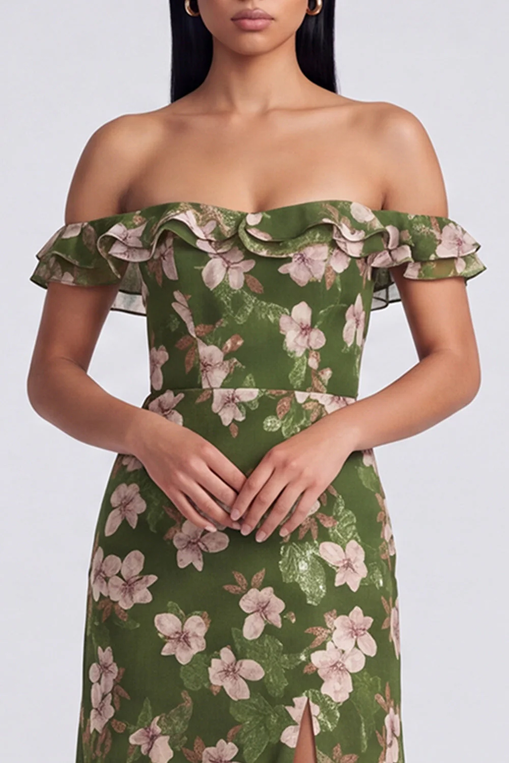 Off the Shoulder Dark Green Ruffled A Line Floral Dress with Slit - Image 3