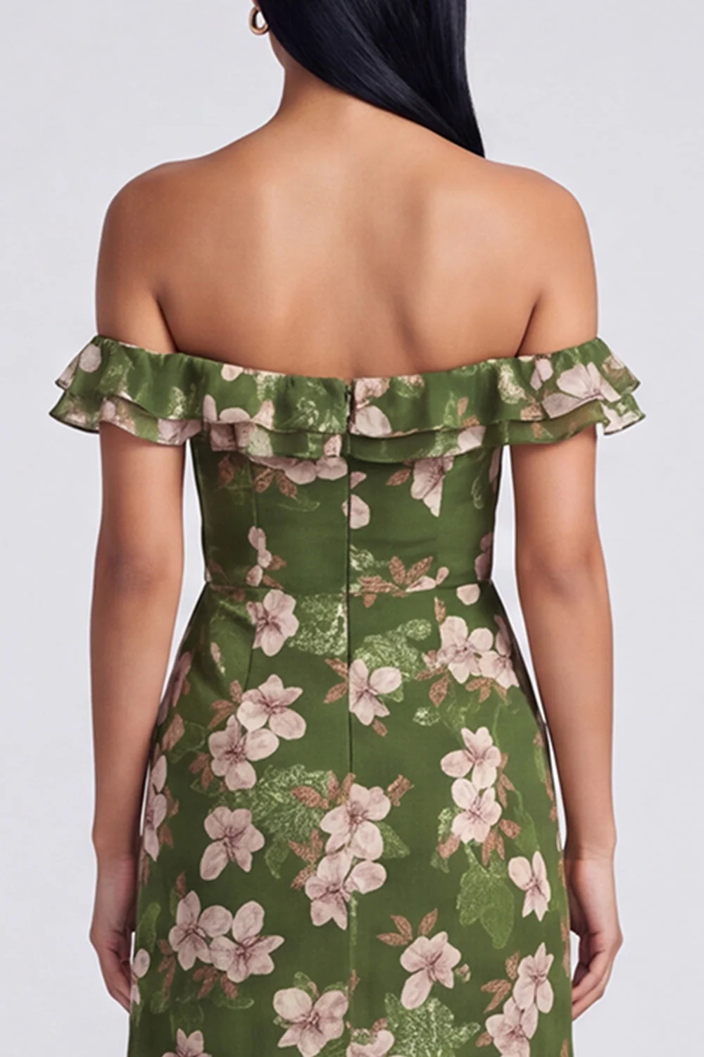 Off the Shoulder Dark Green Ruffled A Line Floral Dress with Slit - Image 4
