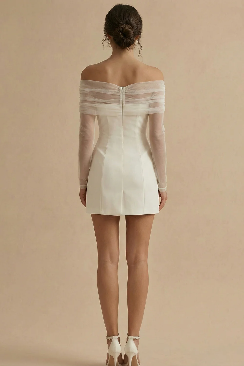 Off the Shoulder Double Breasted Bodycon Little White Dress with Long Sleeves - Image 2