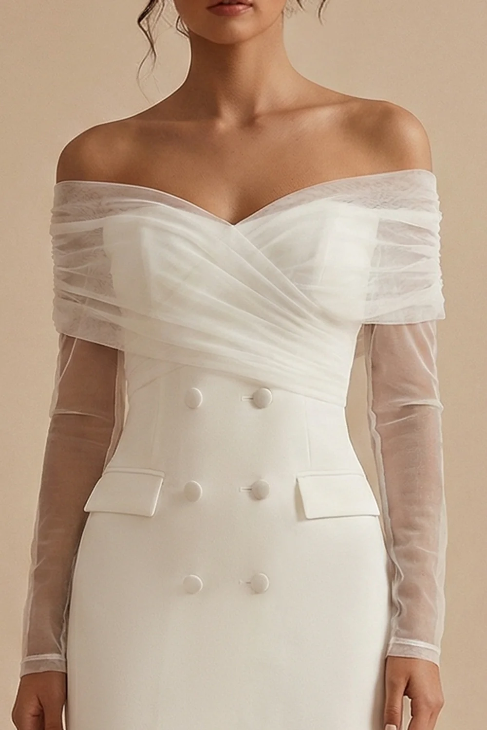 Off the Shoulder Double Breasted Bodycon Little White Dress with Long Sleeves - Image 3