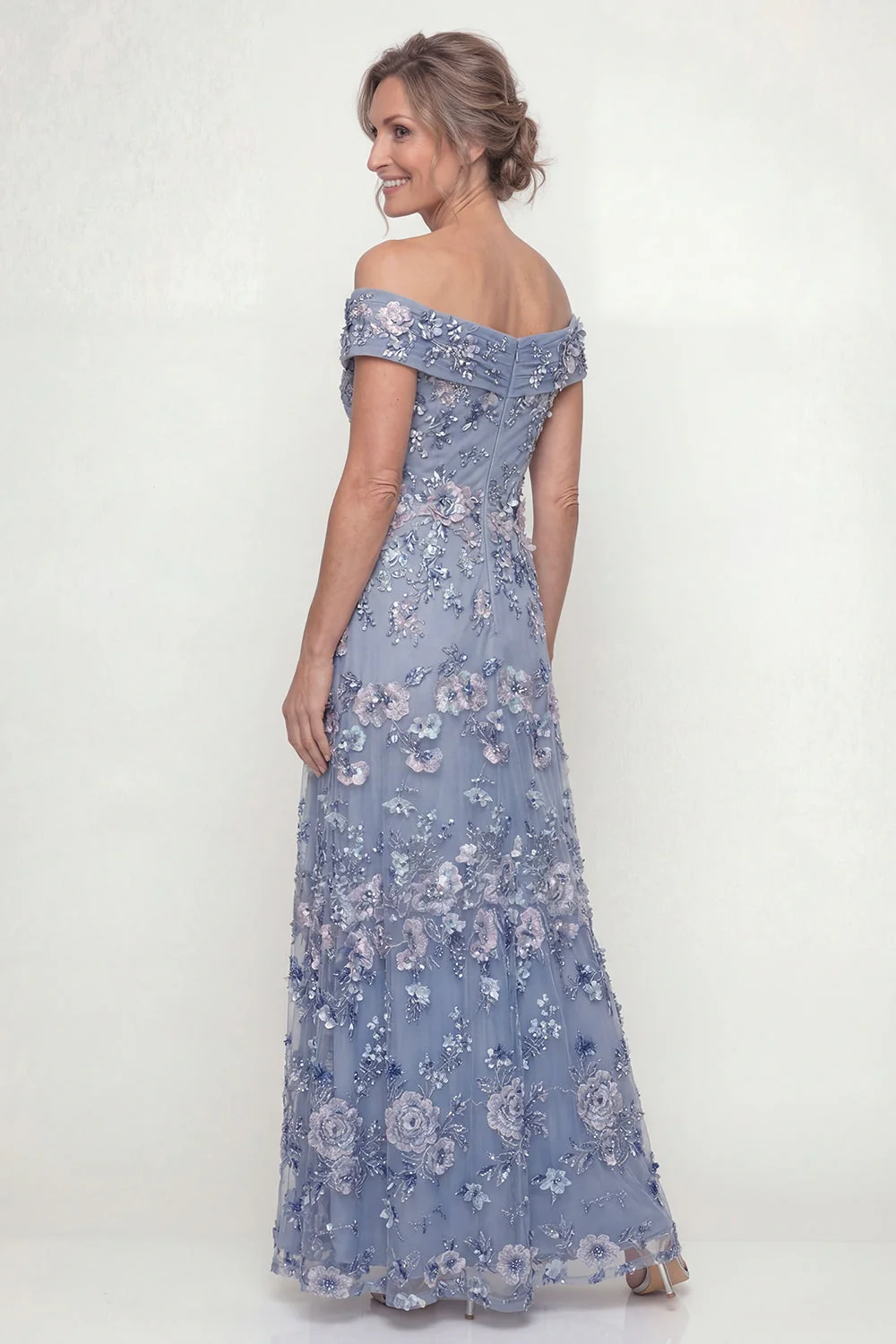 Off The Shoulder Dusty Blue A Line Embroidered Long Mother of the Bride Dress - Image 2